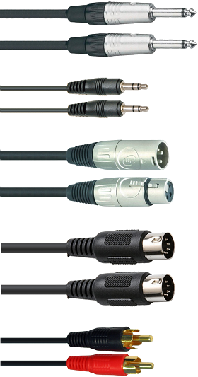 Fra toppen: Jack, Minijack, XLR, MIDI og Phono