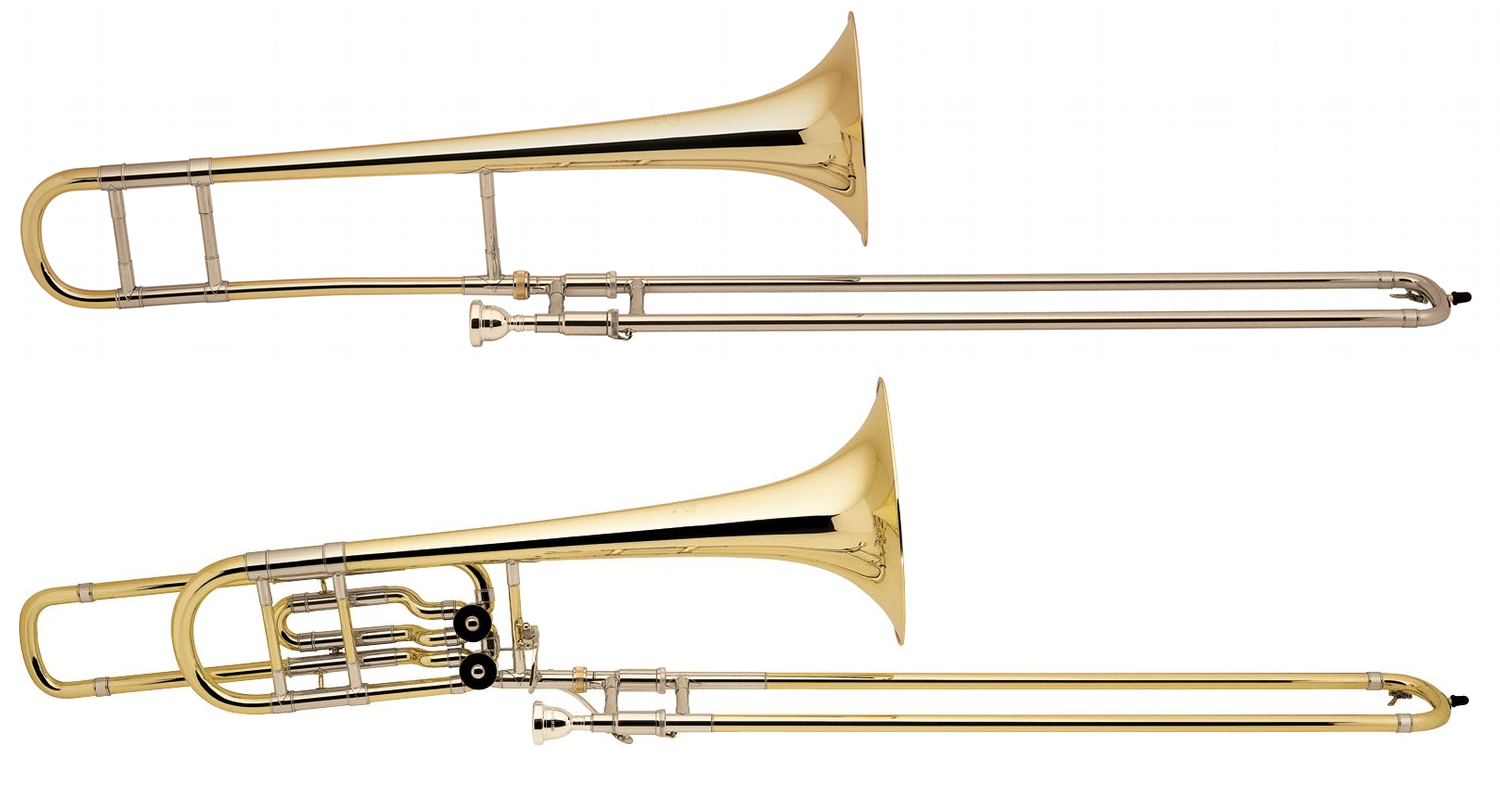 Tenorbasun (Bach Stradivarius LT16M) og basbasun (Bach Stradivarius 50B2L). Lydeksempel: basbasun.