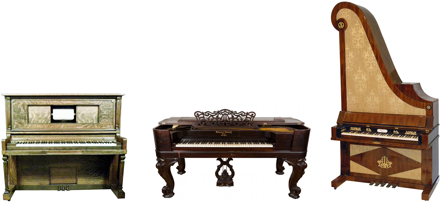 Pianola (The Autopiano Company, 1920), taffelklaver (Schuetze & Ludolff, 1860) og girafklaver (ukendt mærke, 1815)